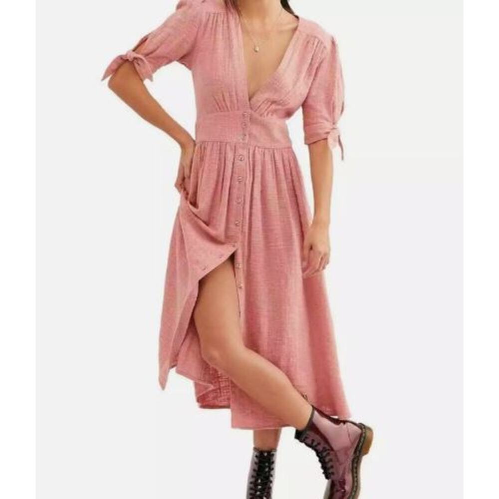 Free People Love of My Life Midi Dress Womens Large Pink Button Up V- Neck